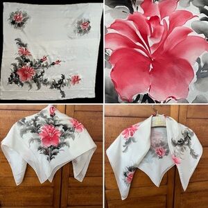 🌺Hand-Painted Silk Scarf Asian Floral Ink Wash Design Sheer Ivory & Red Vintage